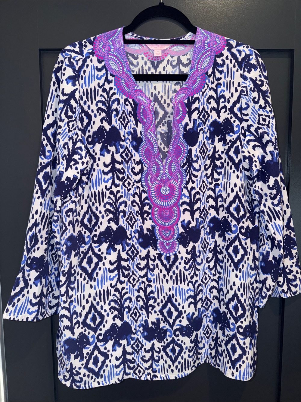 Lilly Pulitzer Navy, White & Pink Embroidered V-Neck Tunic Top